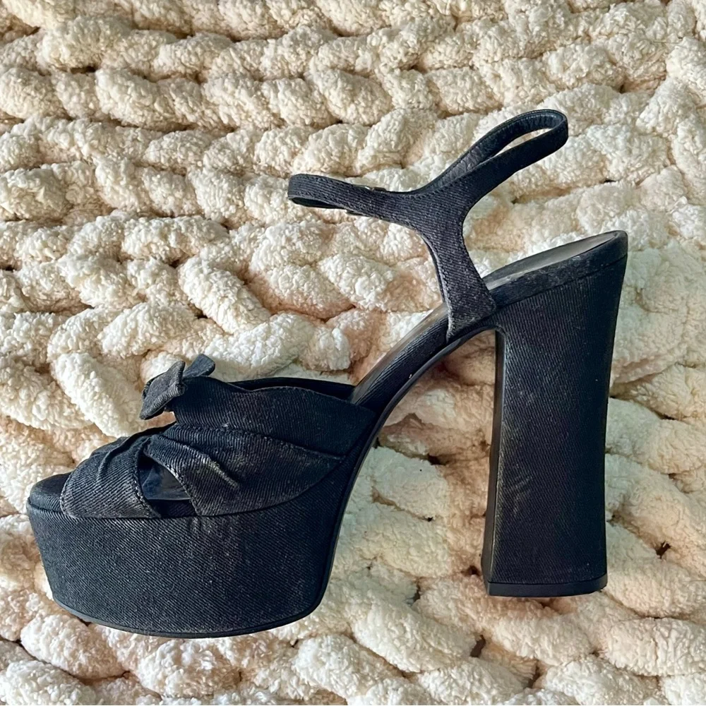 Saint Laurent Candy 80 Bow Black Denim Platform Sandals